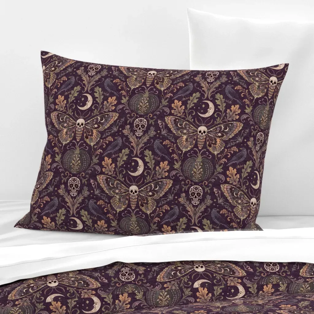 Death Moth & Ornate Pumpkins Standard Knife Edge Pillow - Dark Purple, Cotton Sateen product