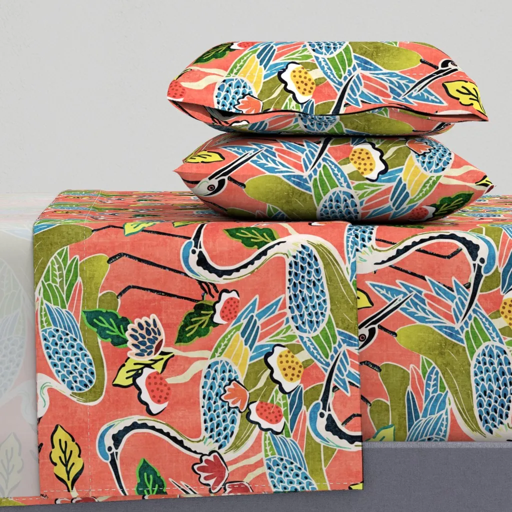 Deco Cranes Garden Party Twin Sheet Set - Coral product