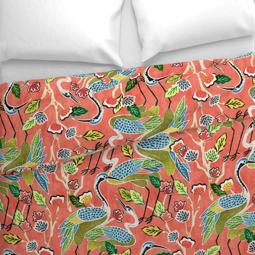 Deco Cranes Garden Party Vivid Duvet Cover - Coral alternate view