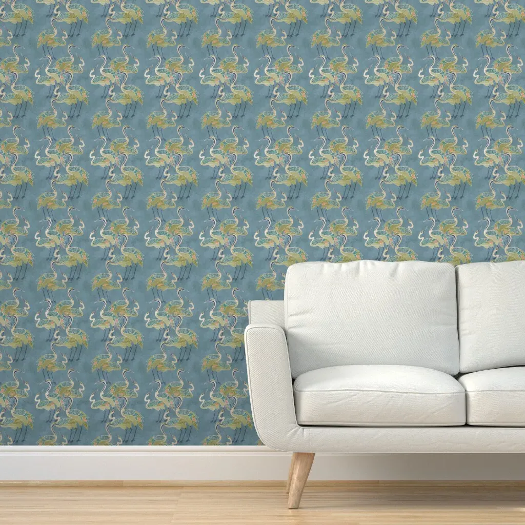 Deco Cranes Peel and Stick Wallpaper 8in Repeat - Pool Blue, Olive, Coral product