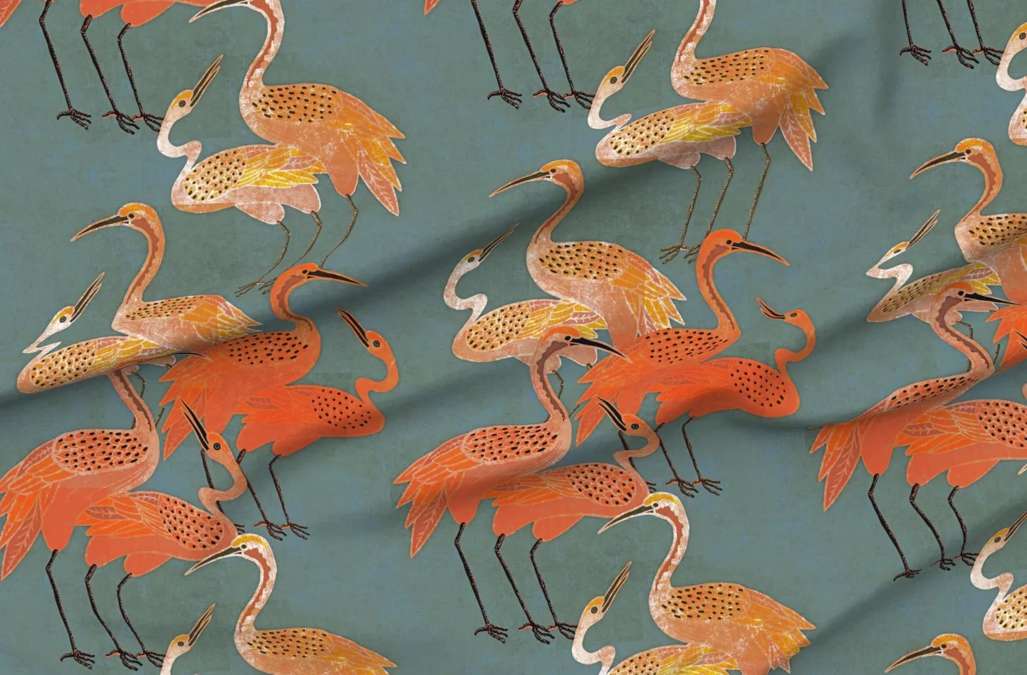 Deco Cranes Print Fabric by the Yard - Coral, Pique product