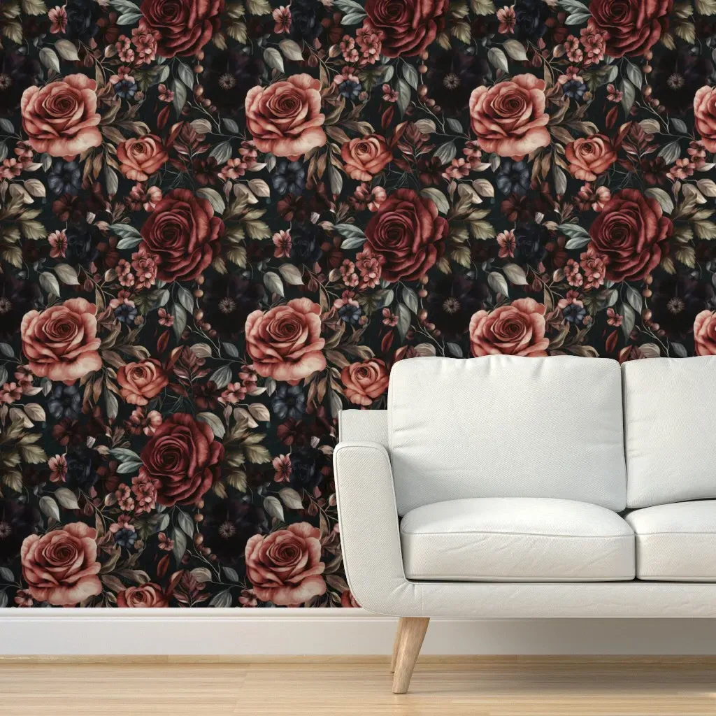 Deep Burgundy Roses Antique Floral Peel and Stick Wallpaper - Burgundy Red product