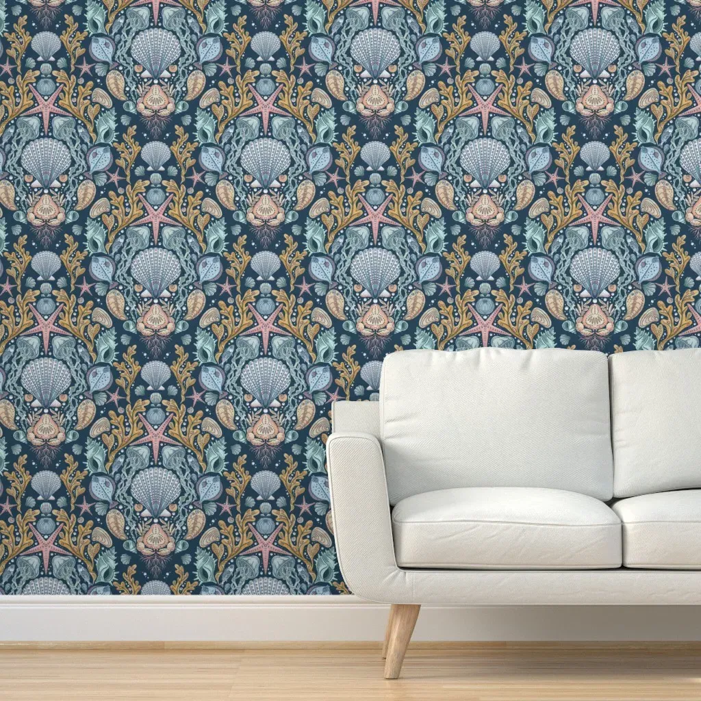 Deep Sea Damask Peel and Stick Wallpaper - Blue, Pink, Beige product