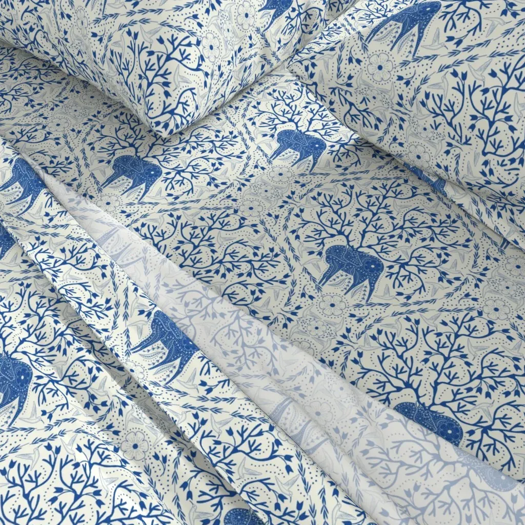 Deer Hummingbirds Damask King Size Sheet Set - Indigo Blue alternate view