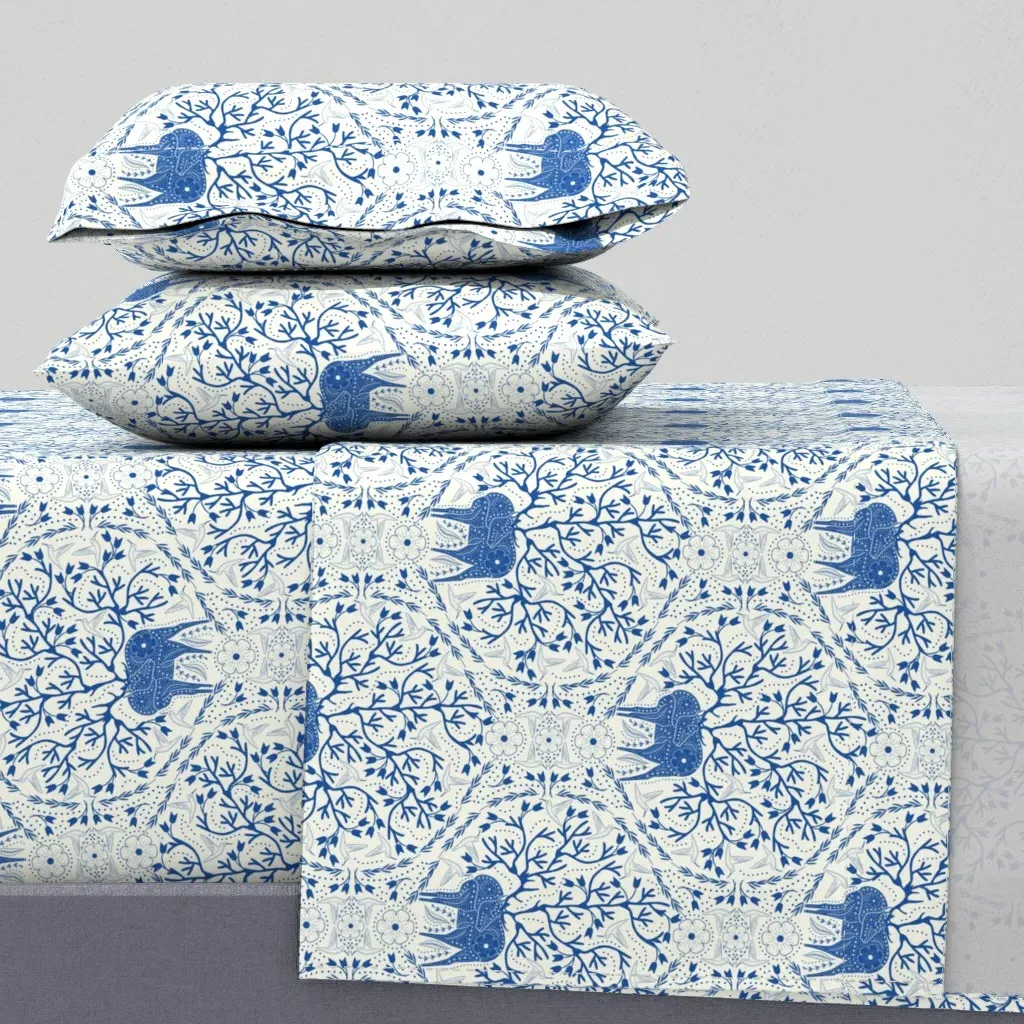 Deer Hummingbirds Damask King Size Sheet Set - Indigo Blue product