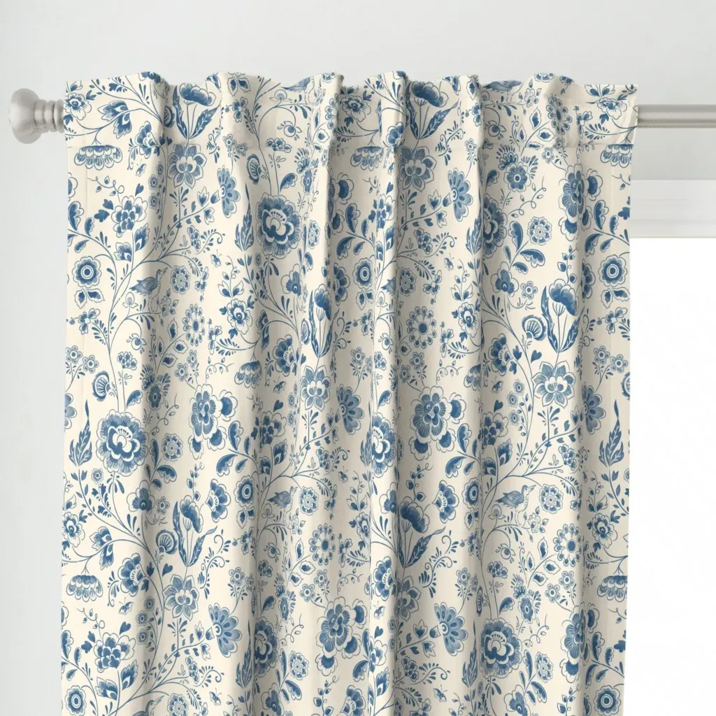 Delft Blue Botanical Curtain Panel - Blue alternate view