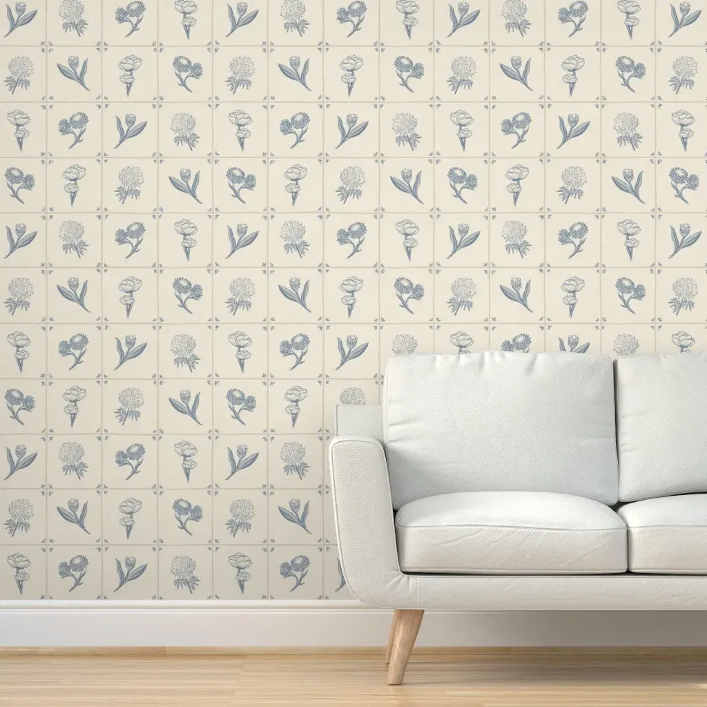 Delft Tile French Country Painted Wildflower Wallpaper - Cobalt Blue product