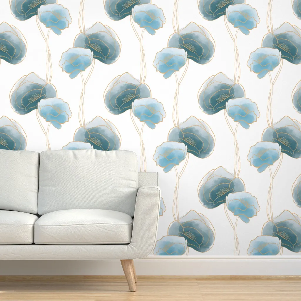 Delicate Deco Poppies Peel and Stick Wallpaper - Teal product
