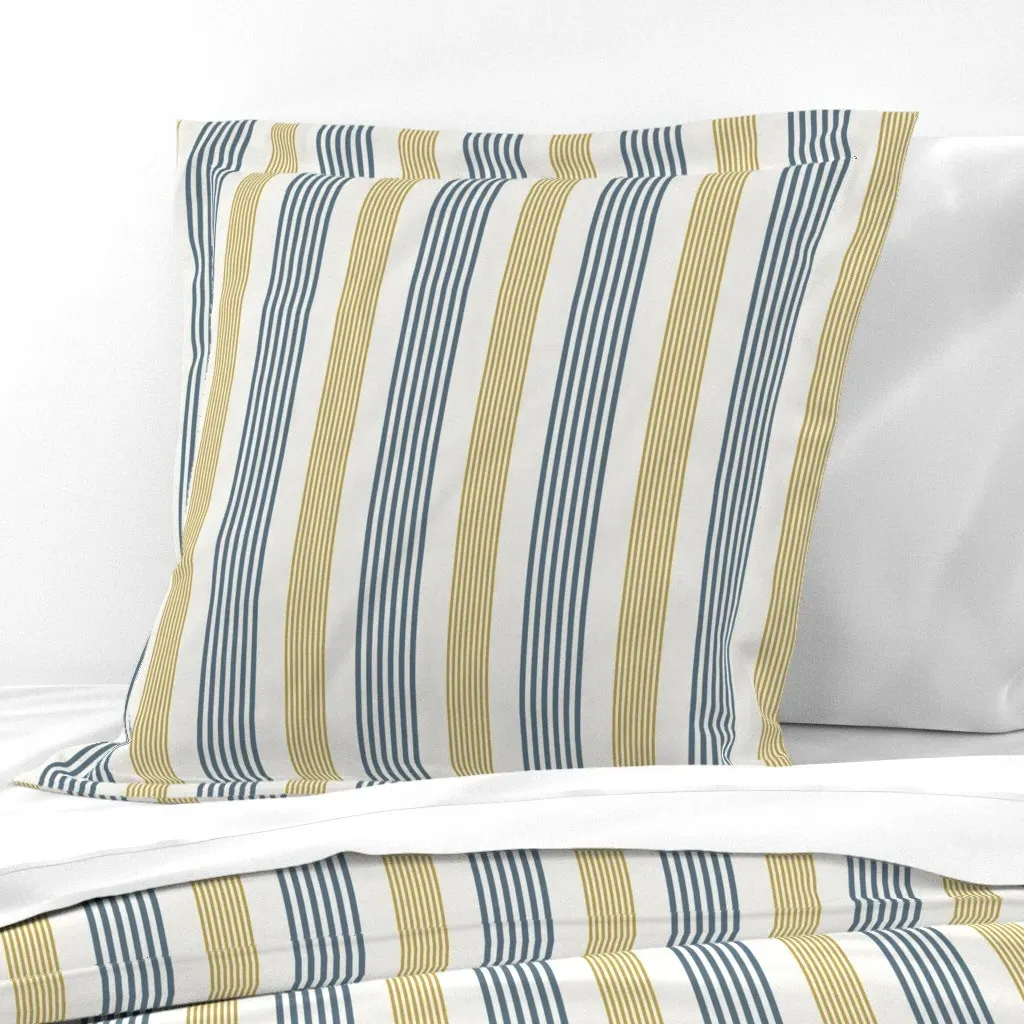 Denim Blue & Mustard Yellow Ticking Stripe Euro Pillow Sham - Linen product