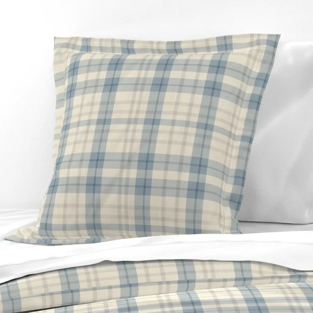 Denim Blue Stone Grey & Cream Plaid Euro Pillow Sham - Blue product