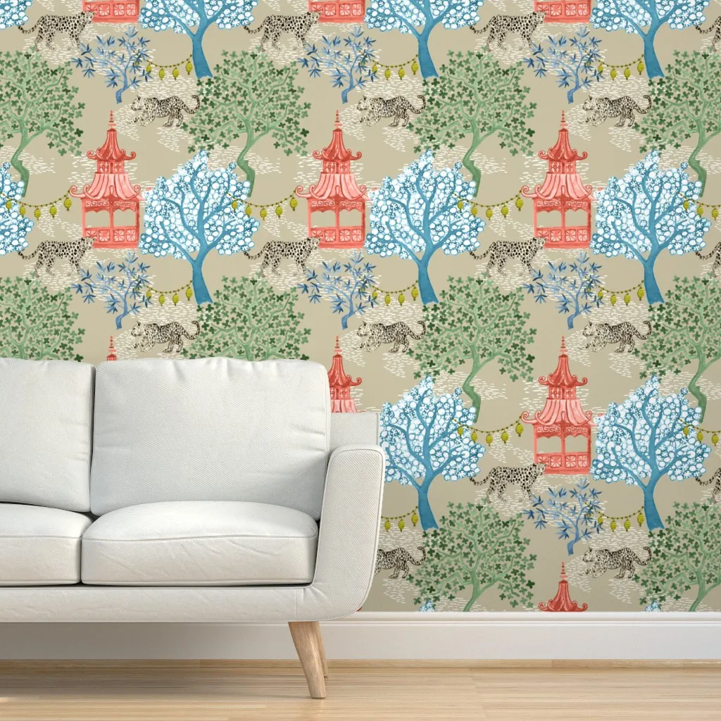 Denise Party Leopards Lanterns In Forest Peel and Stick Wallpaper - Cornflower product