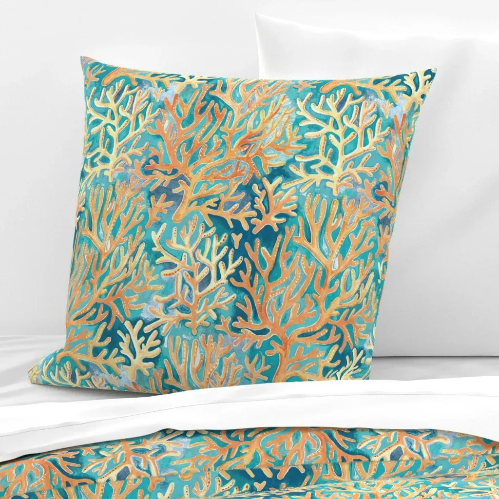 Desaturated Golden Orange Coral on Ocean Blue Euro Pillow Sham - Peach product