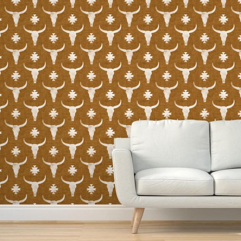 Desert Boho Cow Skull Peel and Stick Wallpaper - Mustard product