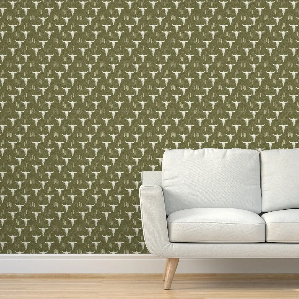 Desert Skulls Boho Southwest Peel and Stick Wallpaper - Olive Green product
