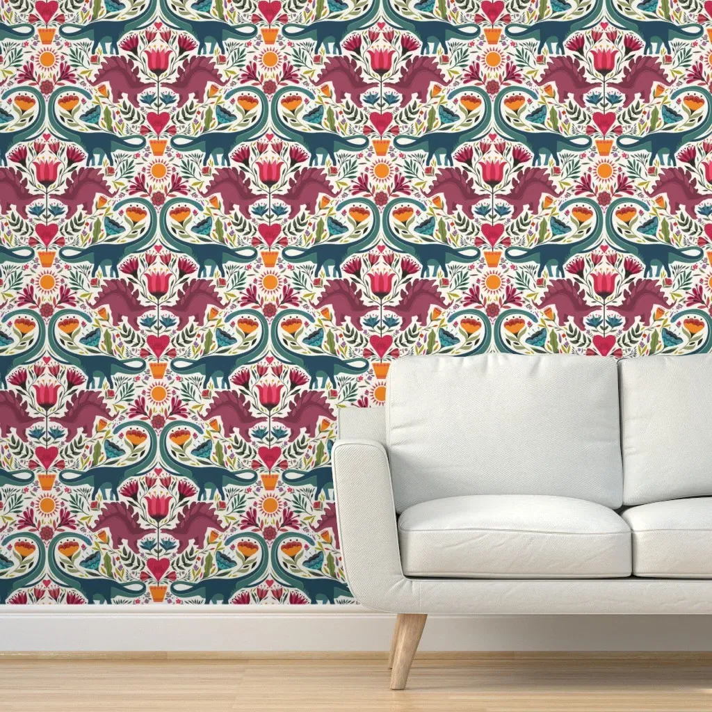 Dino-Mask Dinosaur Damask Floral Peel and Stick Wallpaper - Ecru product