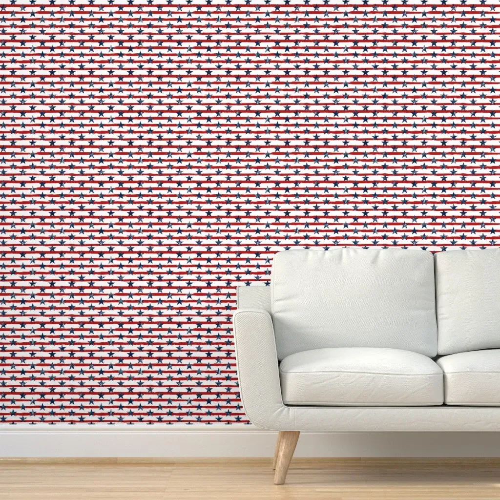 Distressed Navy Stars on Red Stripes Peel and Stick Wallpaper - Blue, Red product