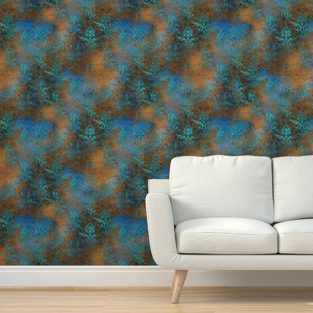 Distressed Patina Damask Peel and Stick Wallpaper - Teal product
