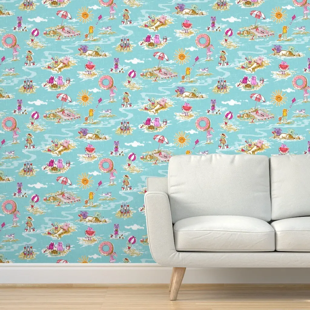 Dog & Cat Beach Scene Peel and Stick Wallpaper - Teal product