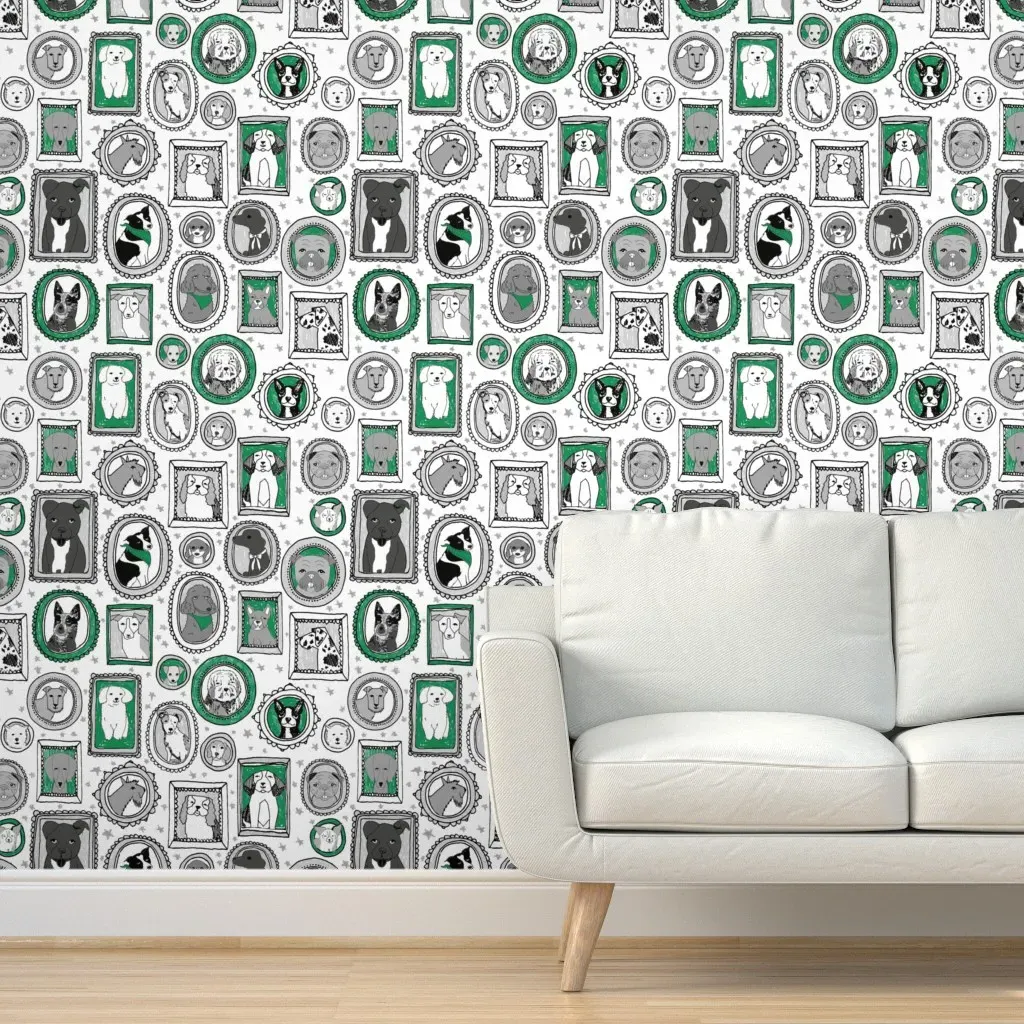 Dog Portraits Mixed Breeds Peel and Stick Wallpaper - Green, White product