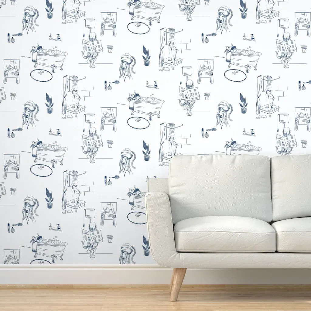 Doggy Toilet Toile Weenie Afghan Hound Peel and Stick Wallpaper - Navy Blue product
