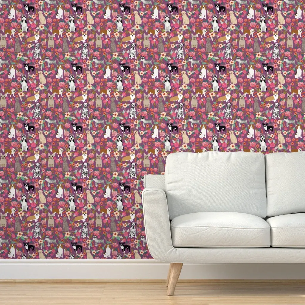 Dogs and Florals Peel and Stick Wallpaper - Amethyst product