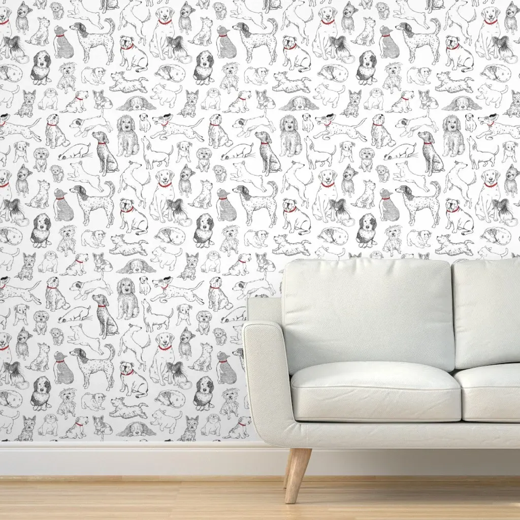 Dogs Big & Small Red Collars Peel and Stick Wallpaper - Black, White product