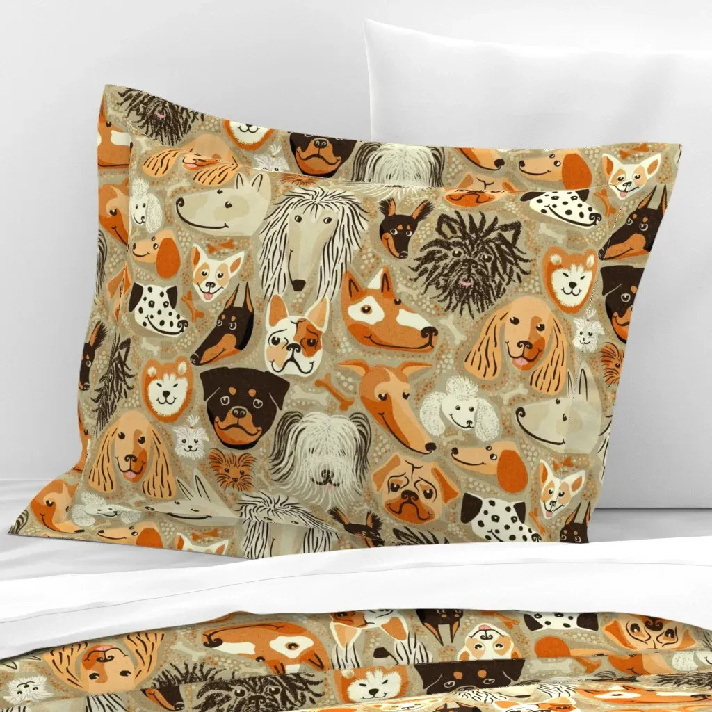 Dogs Everywhere Hand Drawn Standard Flanged Cushion Cover - Brown, Cotton Sateen product
