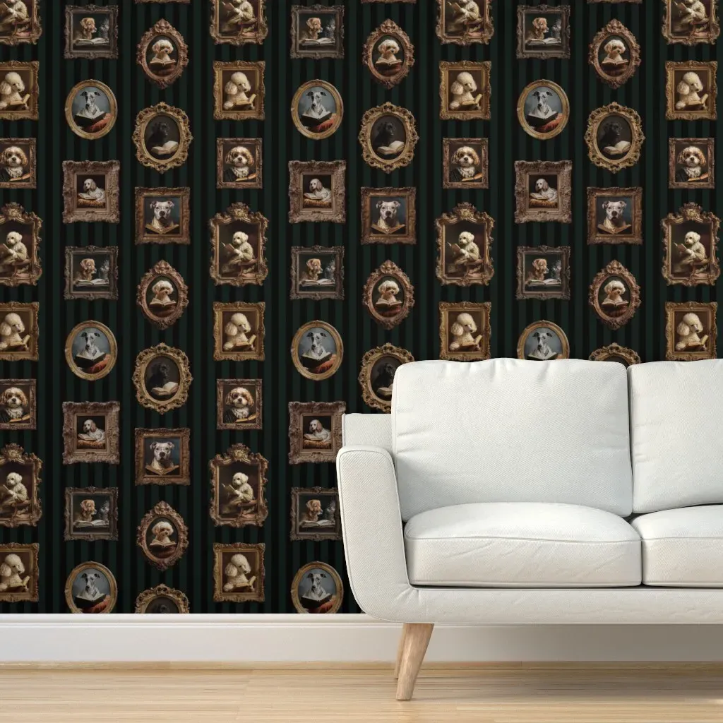 Dogs In Baroque Picture Frames Dark Stripe Peel and Stick Wallpaper - Brown product