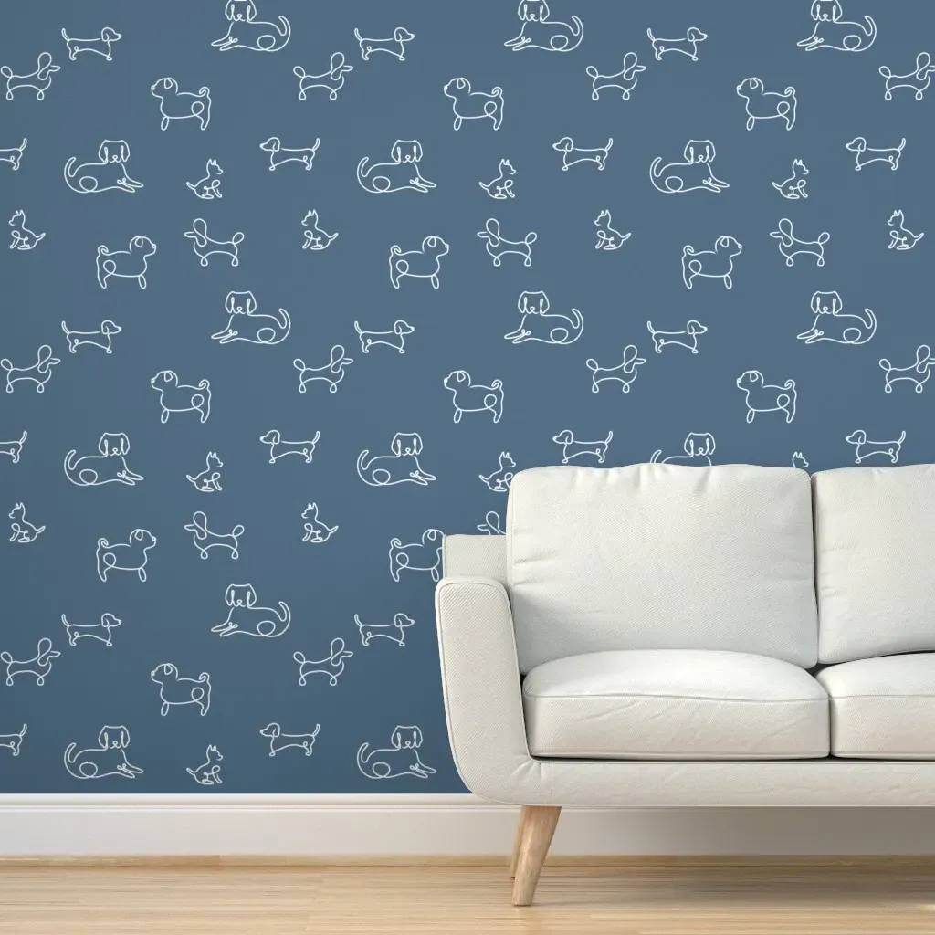 Dogs Line Art Dachshunds Labradors Pugs Poodles Chihuahuas Peel and Stick Wallpaper - Navy Blue product