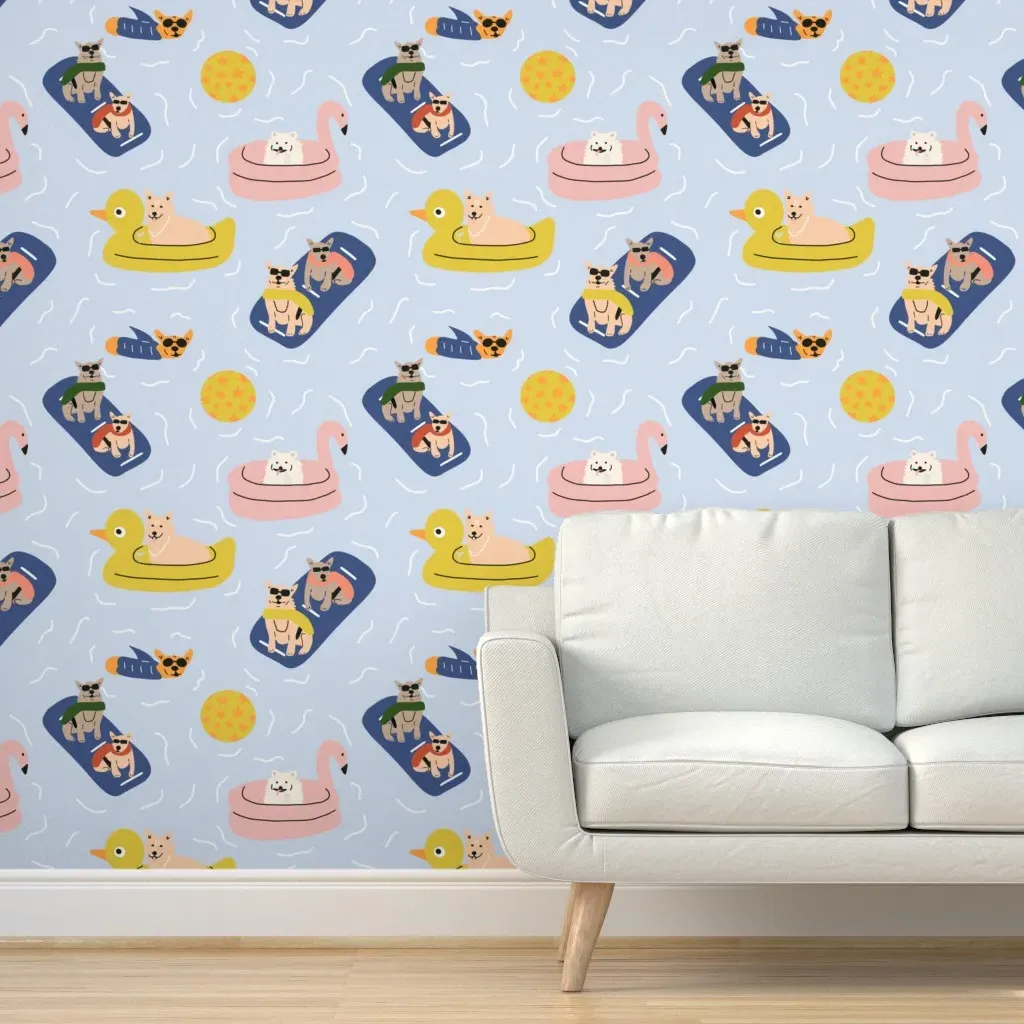 Dogs On Vacation Peel and Stick Wallpaper - Light Blue product