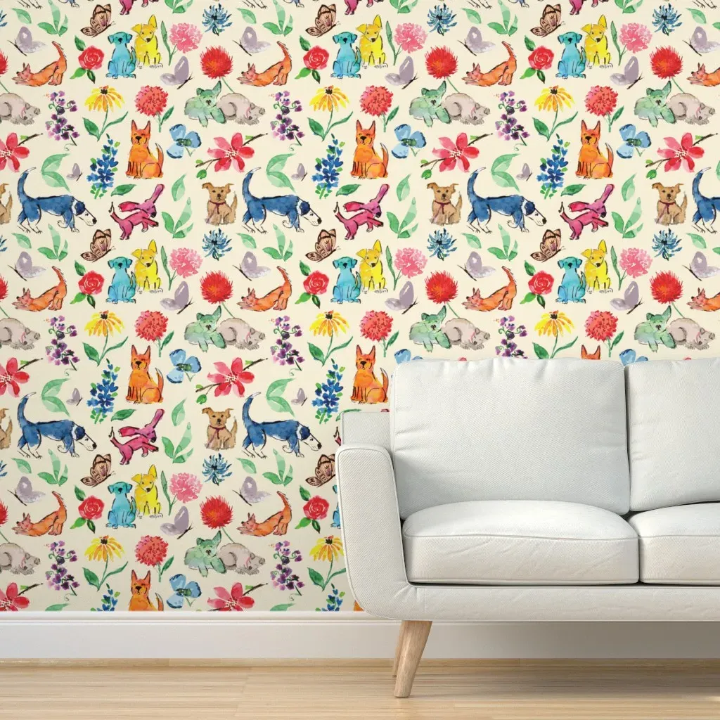 Dogs Vacationing In The Flower Garden Peel and Stick Wallpaper - Cream product