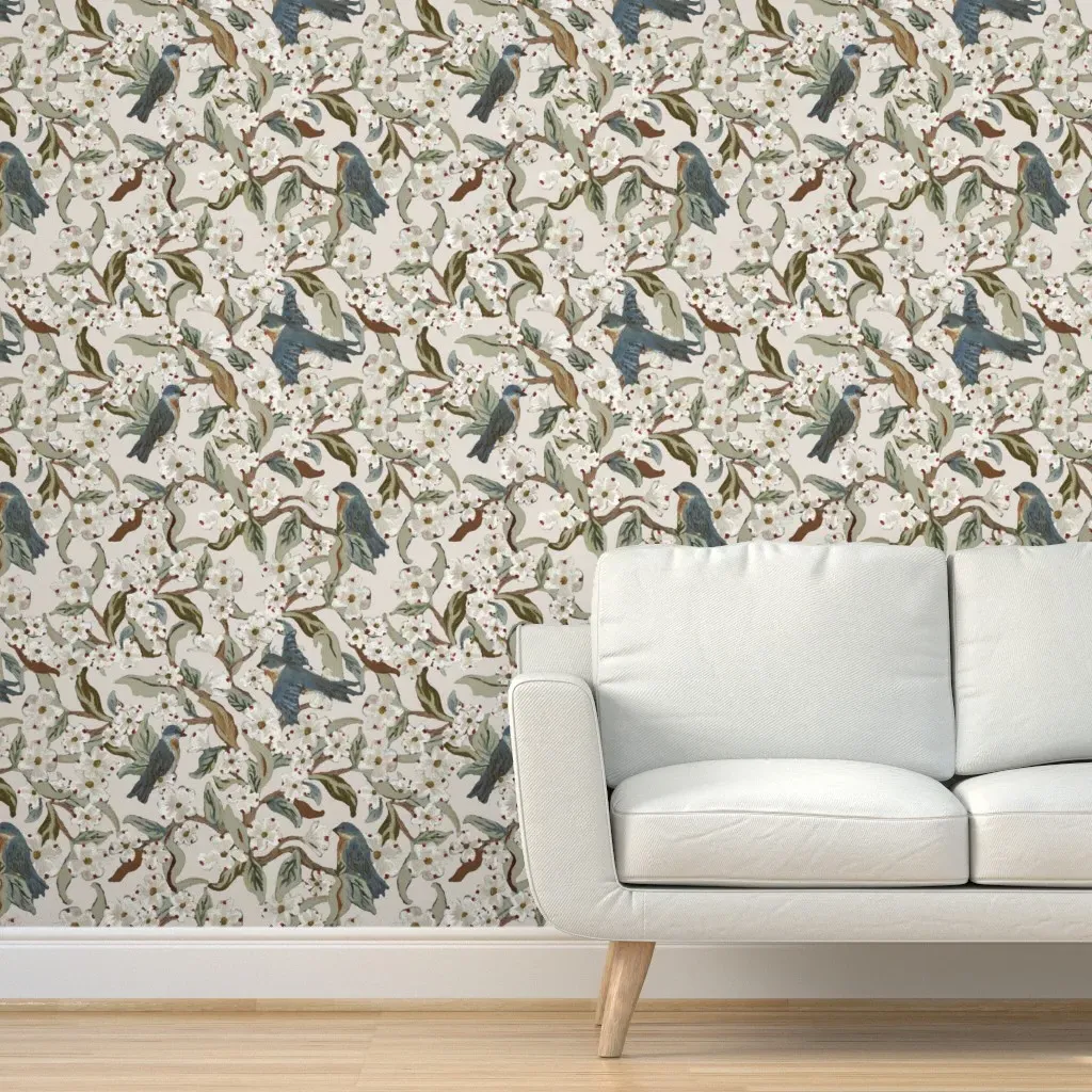 Dogwood and Bluebirds Peel and Stick Wallpaper - White product
