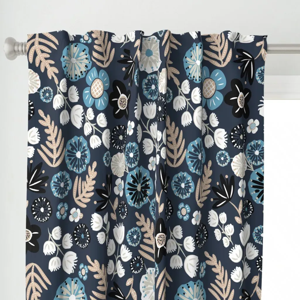 Doodle Bold Flowers Curtain Panel - Dark Blue alternate view