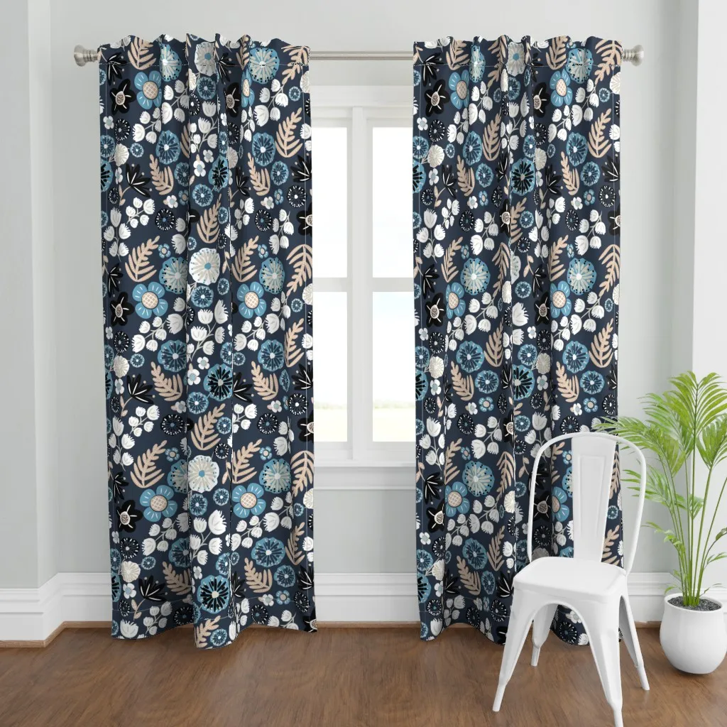 Doodle Bold Flowers Curtain Panel - Dark Blue product