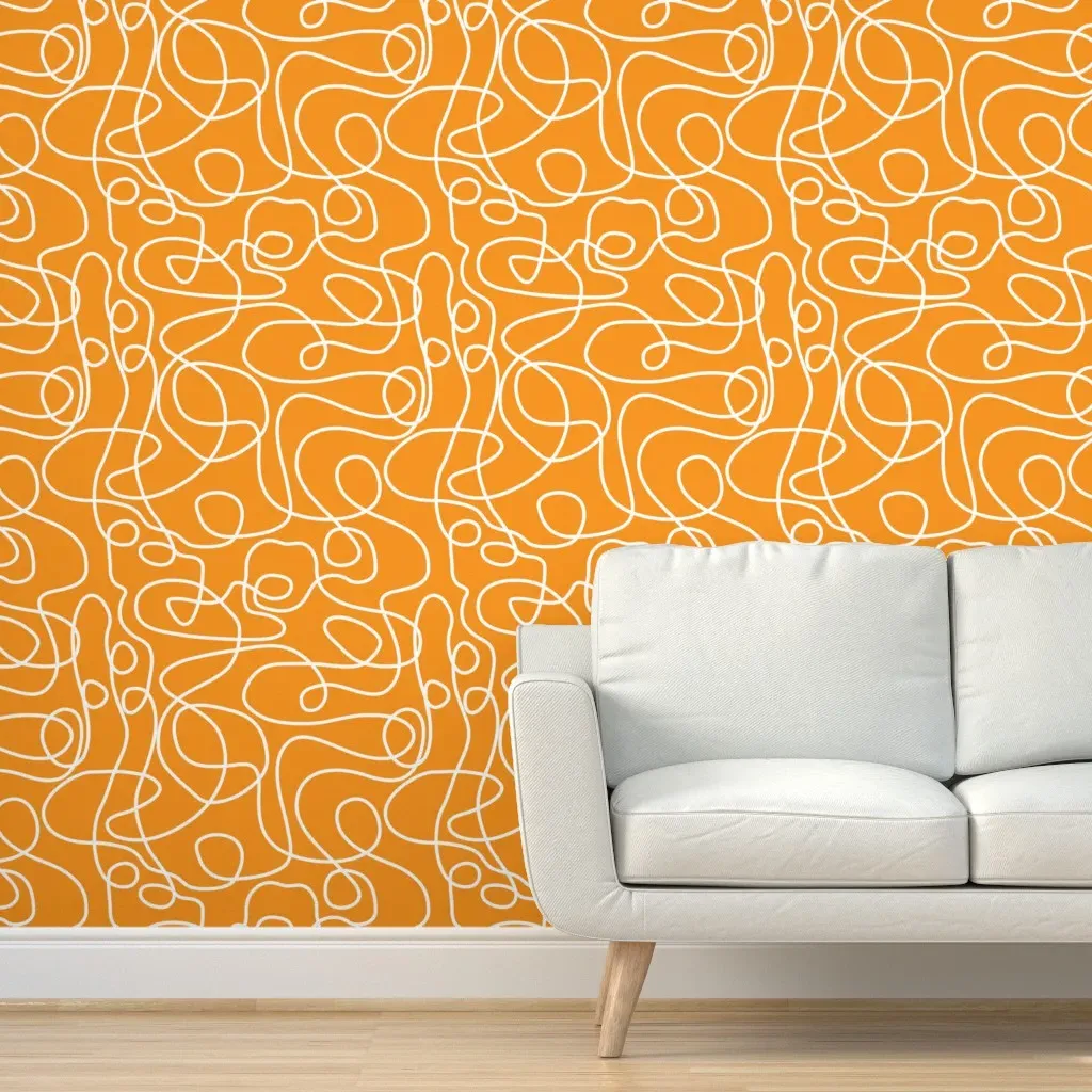 Doodled Line Art Peel and Stick Wallpaper - White, Orange product