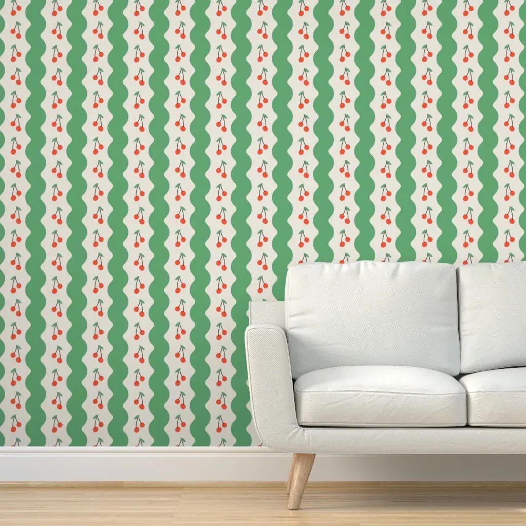 Dopamine Coquette Cherry Mint Squiggle Stripe Peel and Stick Wallpaper - Red product