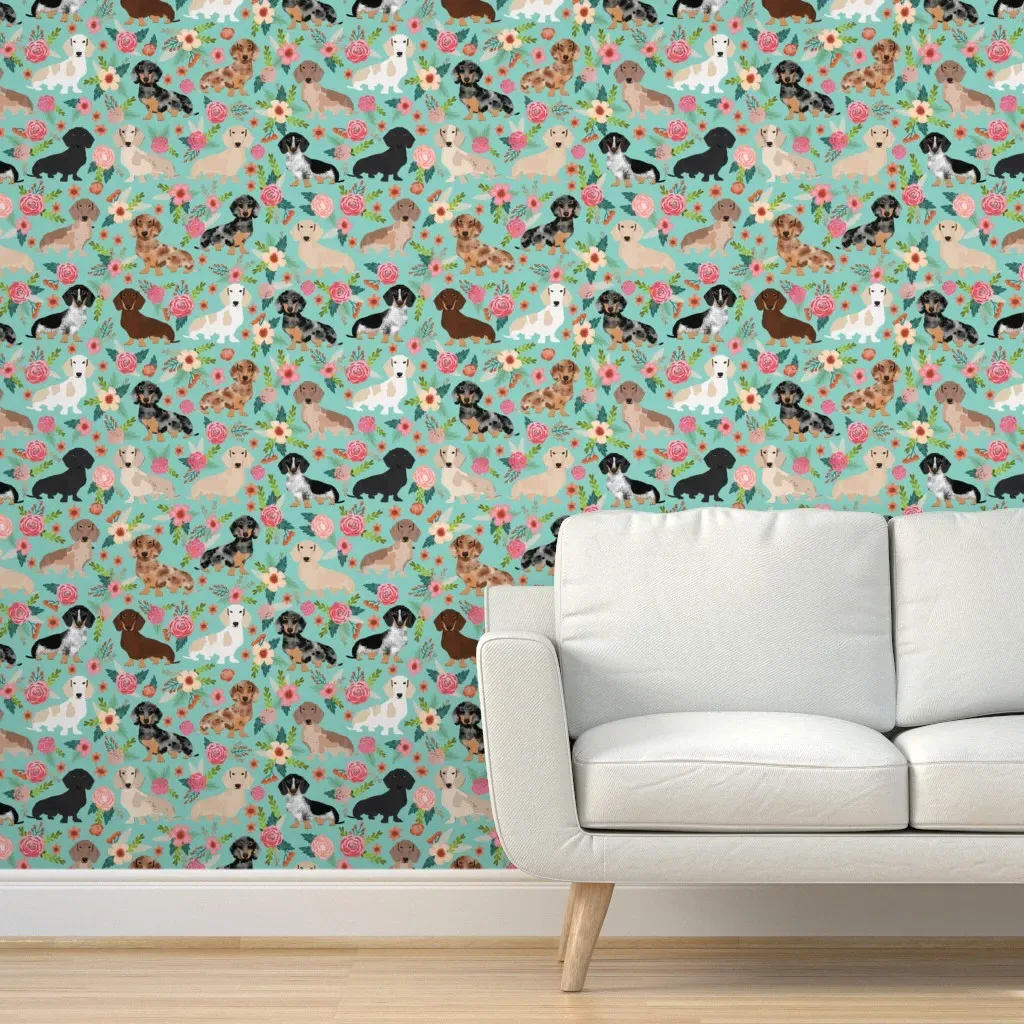 Doxie Dachshunds Florals Peel and Stick Wallpaper - Blue product