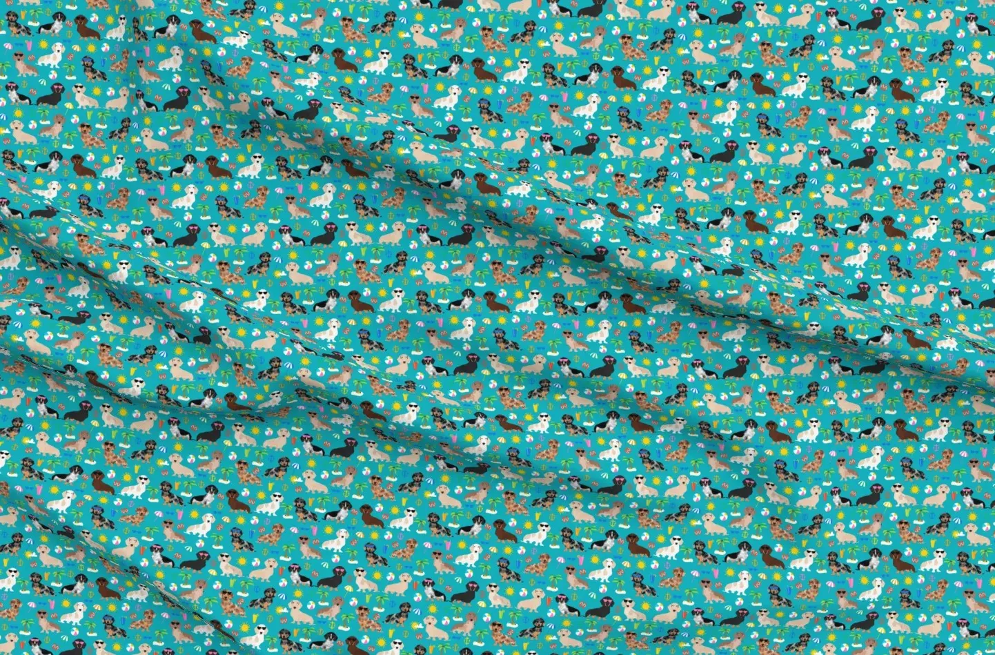 Doxie Design Dachshund Beach Print Fabric - Blue, Pique product