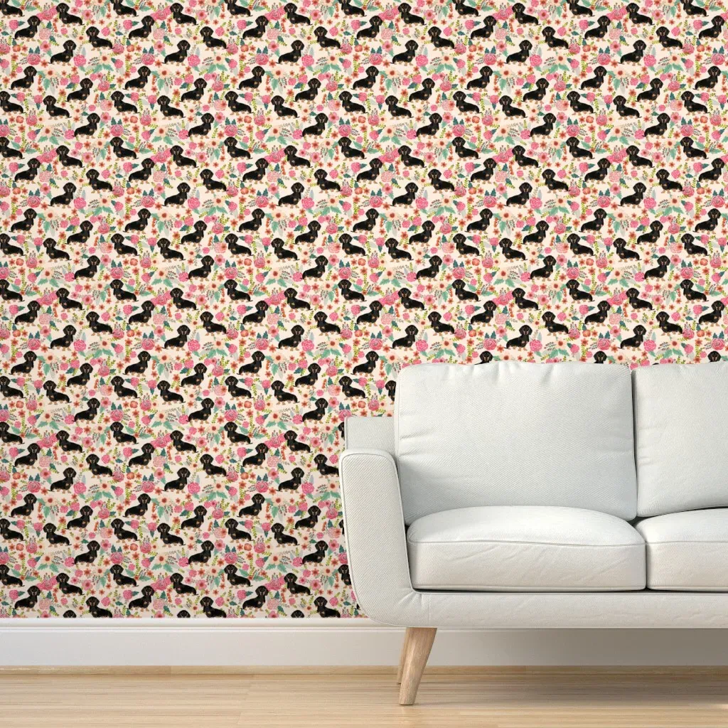 Doxie Flowers Dachshund Peel and Stick Wallpaper - Black product