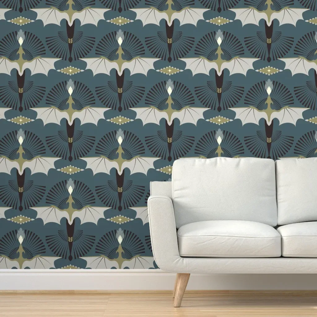Dragon Fire Dancers Art Deco Peel and Stick Wallpaper - Teal product