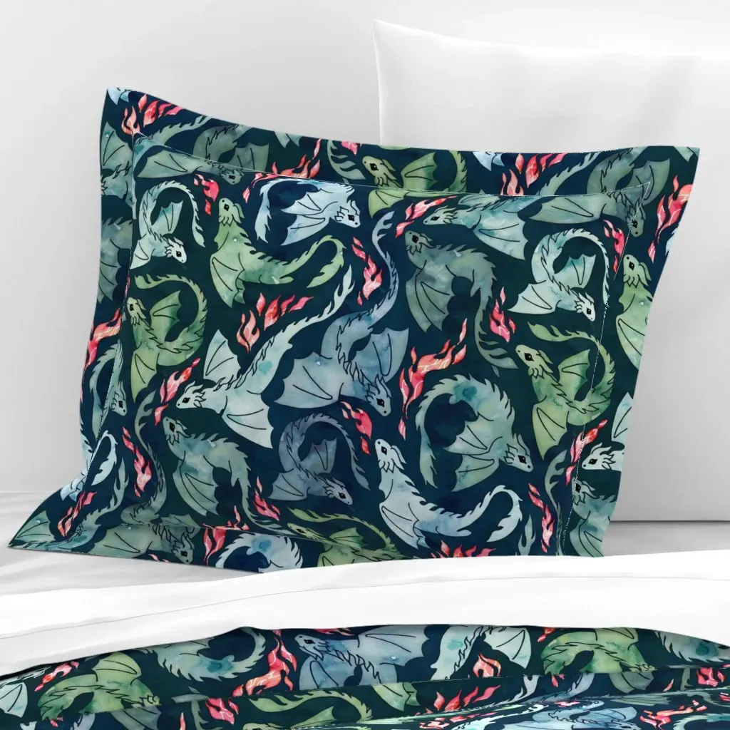 Dragon Fire Standard Flanged Pillowcase - Teal, Cotton Sateen product