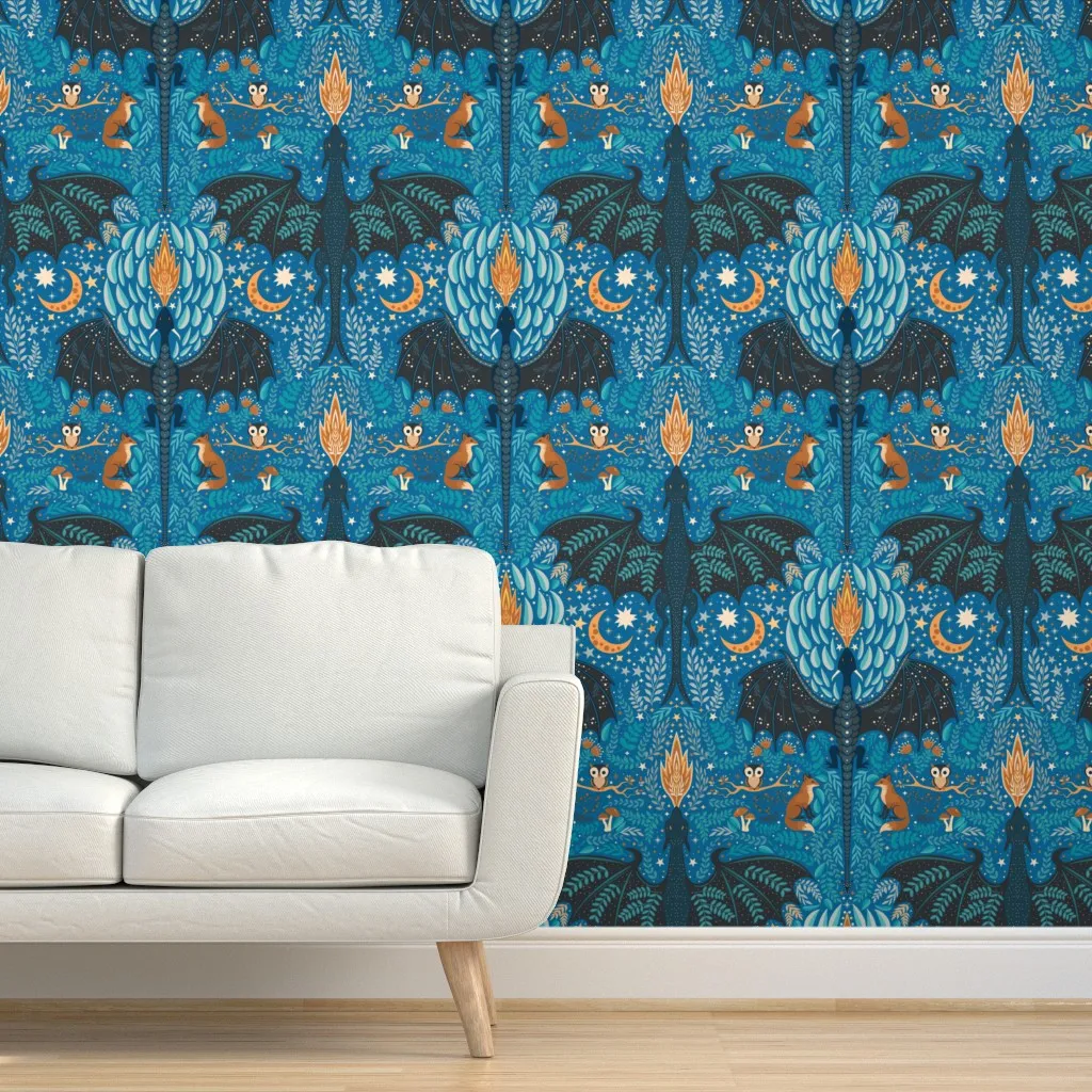Dragon Forest At Night Peel and Stick Wallpaper - Dark Teal product