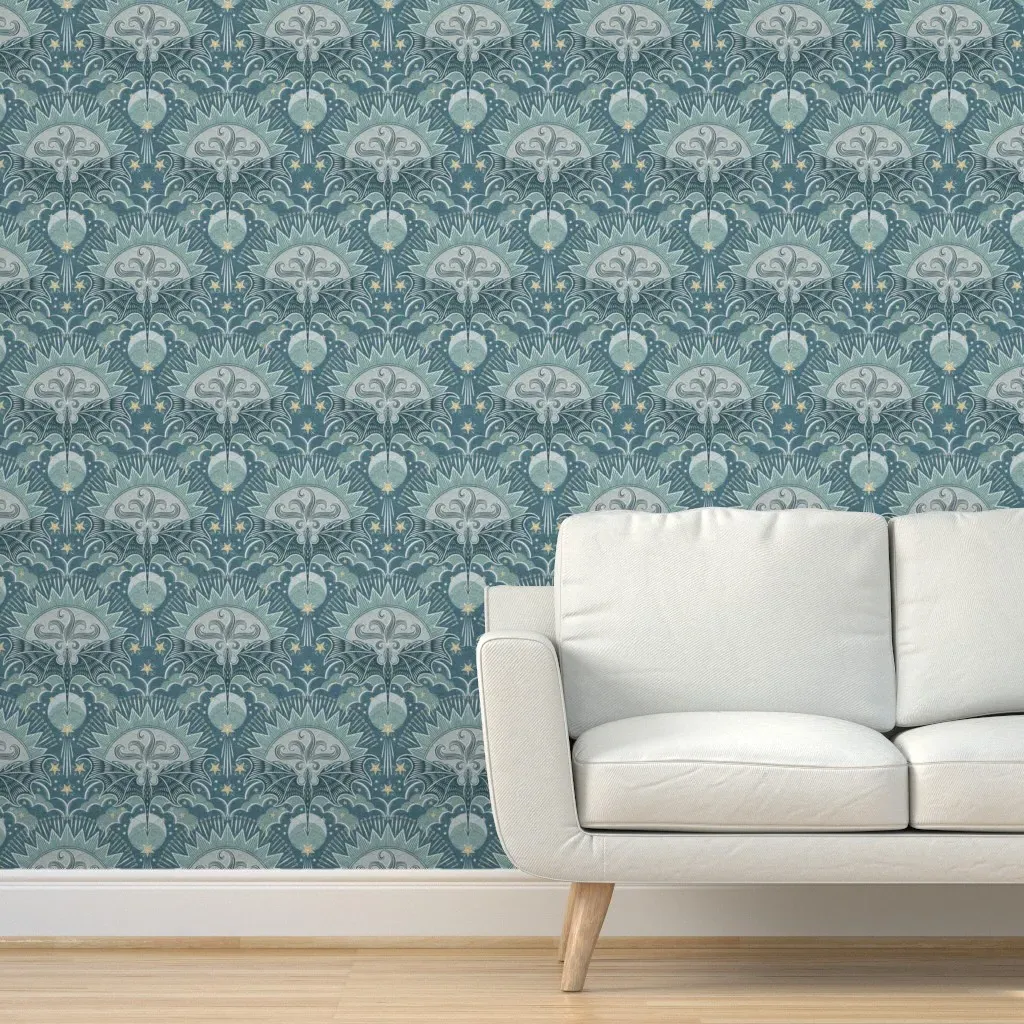 Dragon In The Sky Block Print Peel and Stick Wallpaper - Teal product