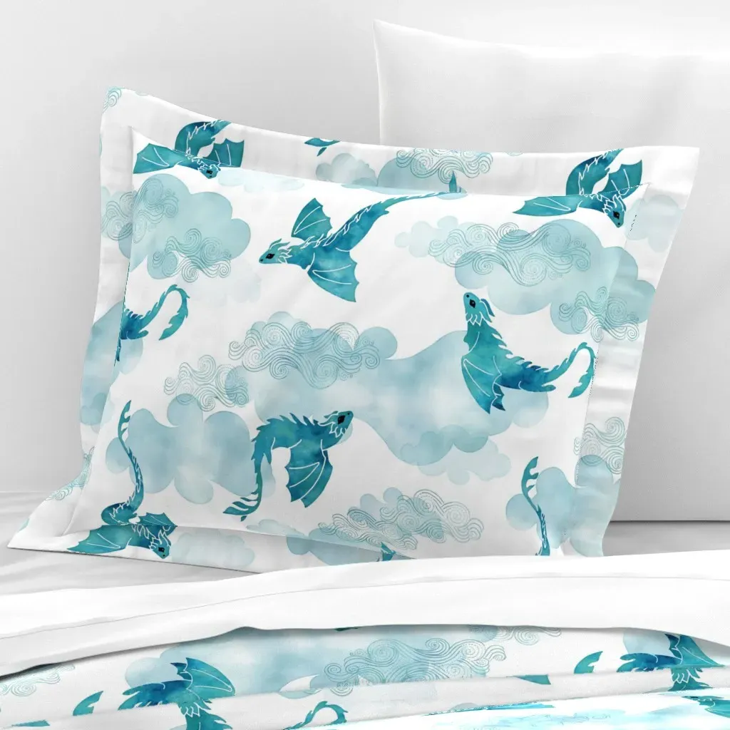 Dragons Clouds Wide Cotton Sateen Standard Flanged Cushion - Teal product