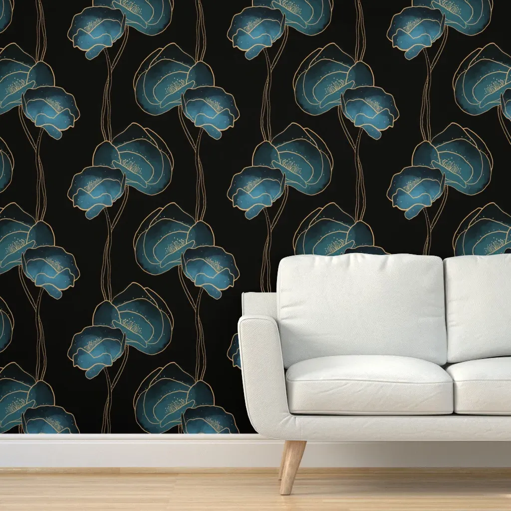Dramatic Deco Poppies Large Scale Peel and Stick Wallpaper - Blue, Gold product