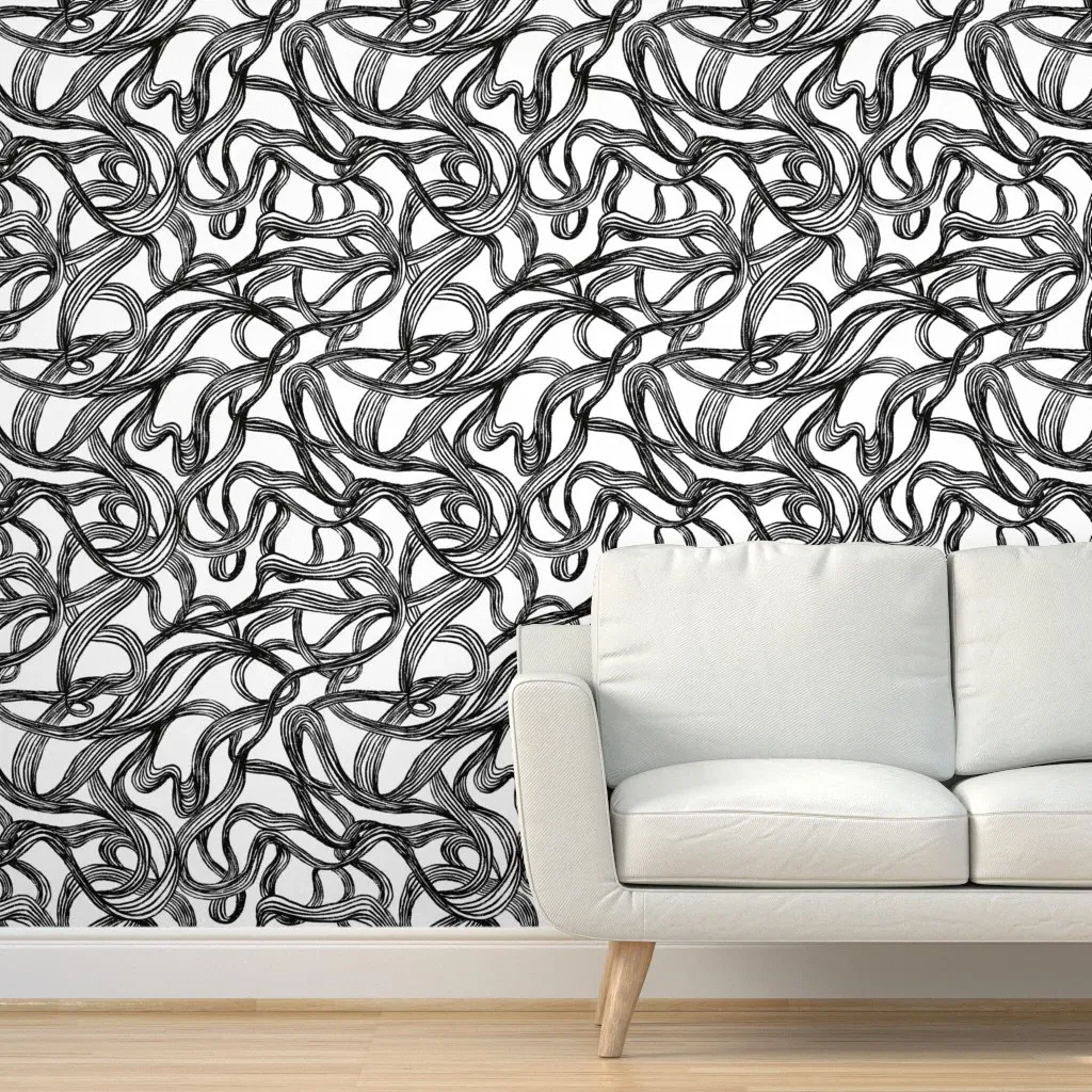 Dreamscape Abstract Swirling Lines Peel and Stick Wallpaper - Black, White product