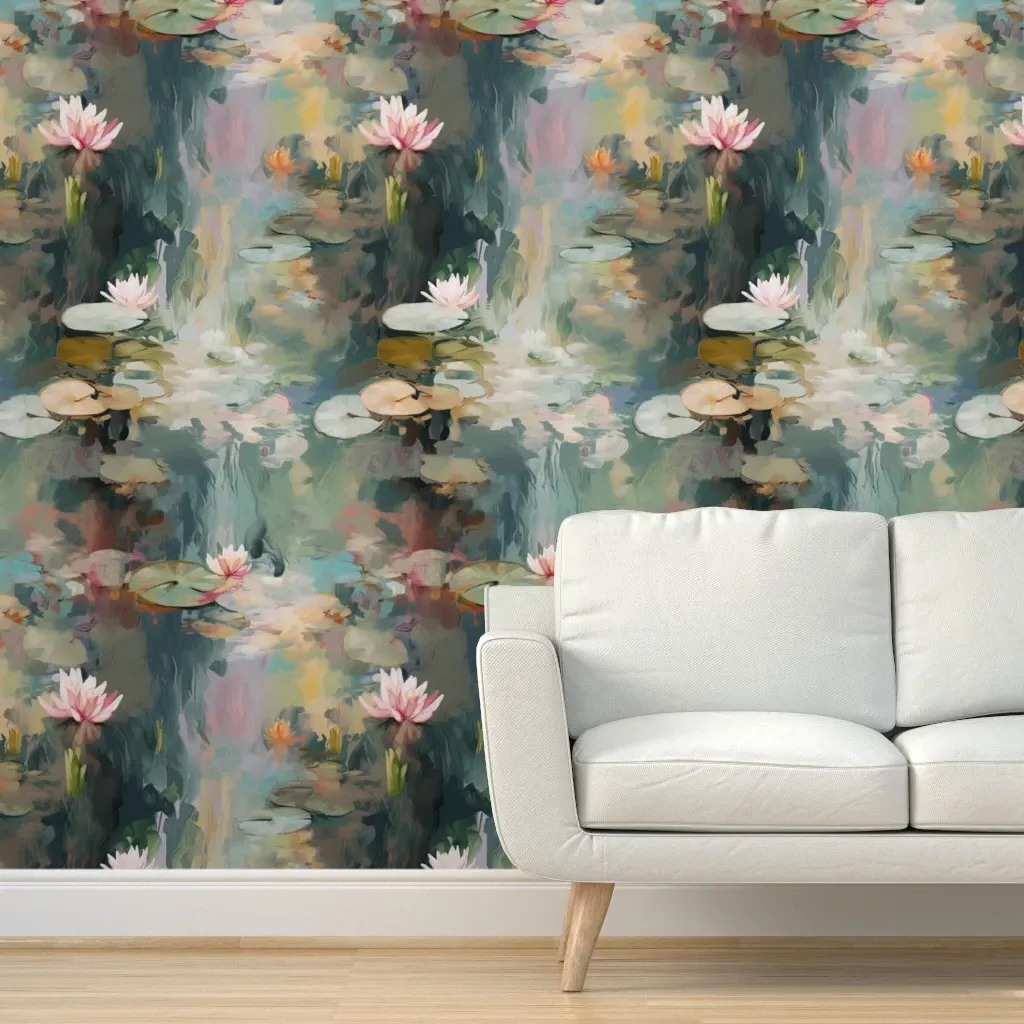 Dreamy Pink Lilies Peel and Stick Wallpaper - Teal product