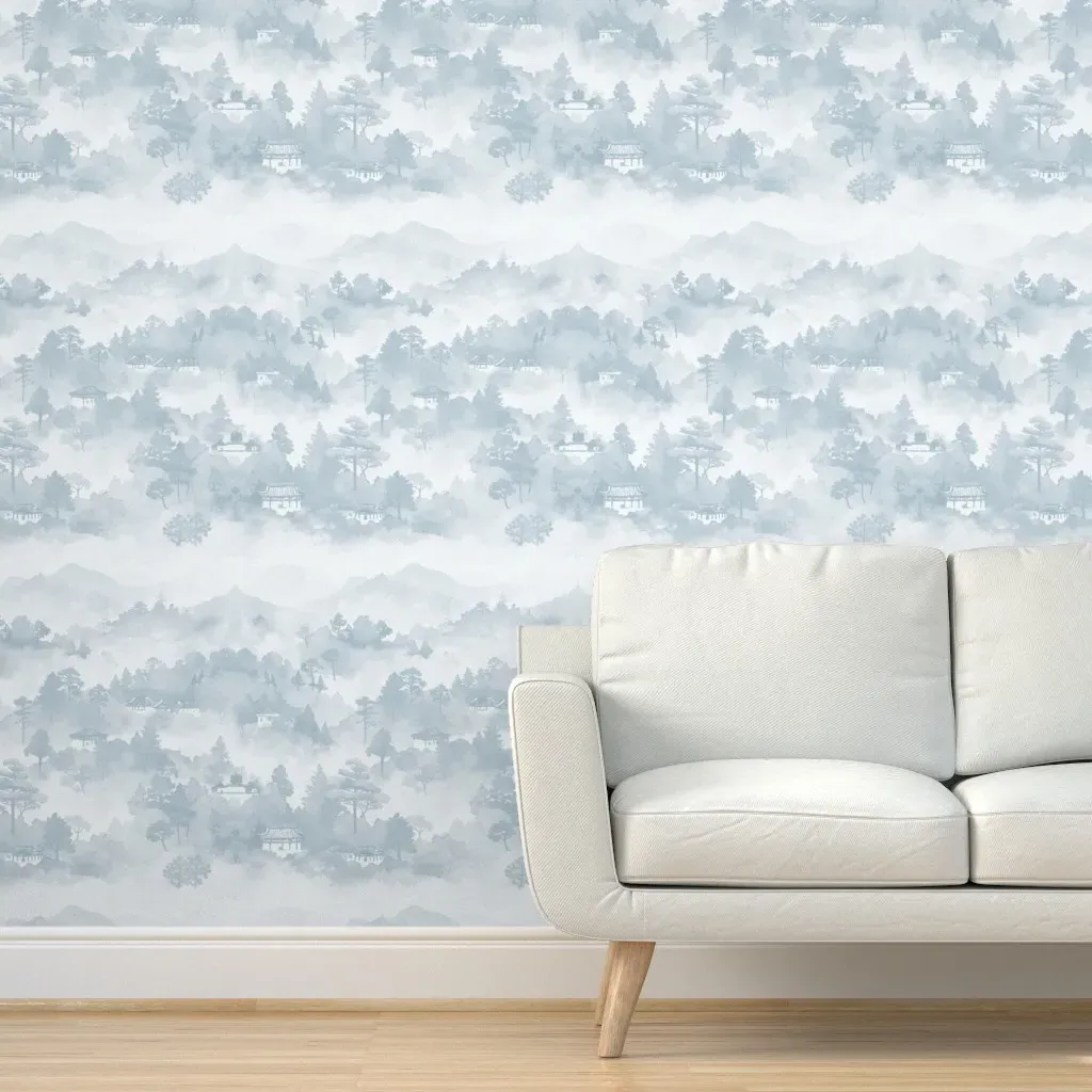 Dreamy Watercolor Chinese Landscape Peel and Stick Wallpaper - Light French Blue product