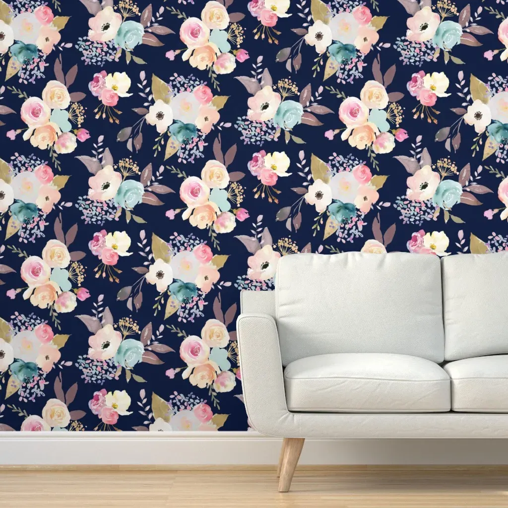 Dusty Pink & Blue Watercolor Floral Peel and Stick Wallpaper - Navy product
