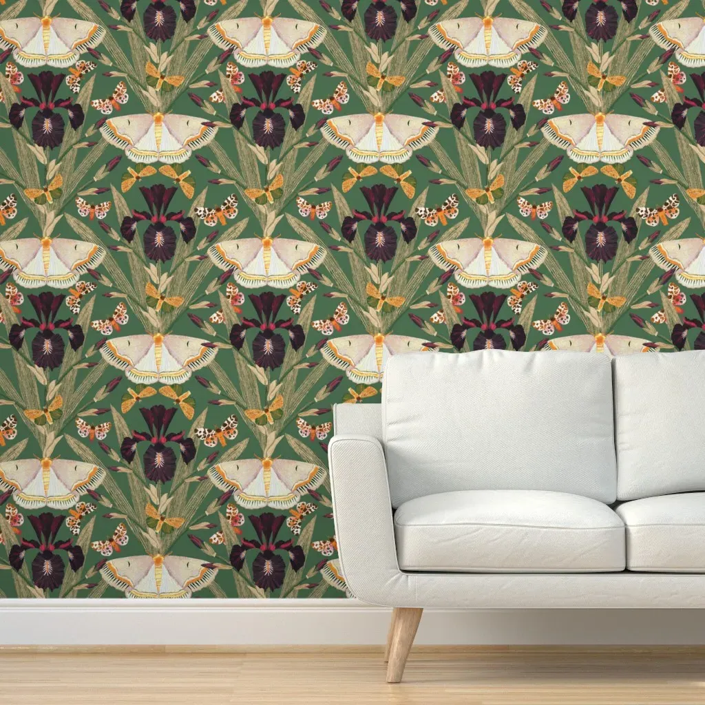 Dutch Black Iris & Moths Peel and Stick Wallpaper - Dark Purple product